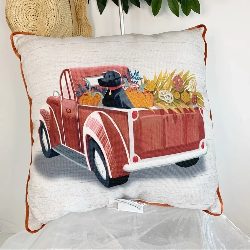 Red Harvest Fall Truck Black LabEmbroidered Pillow